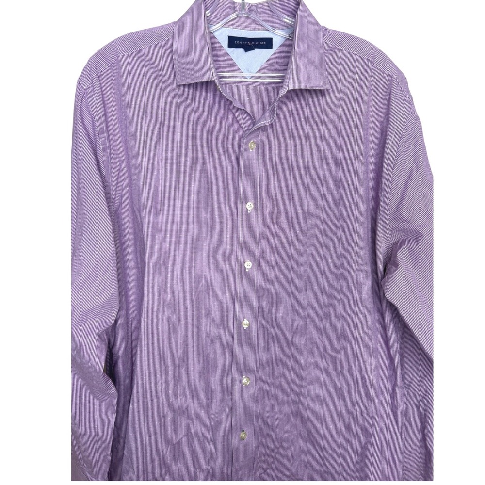 Tommy Hilfiger Mens 17 34-35 Purple White Micro Gingham Button Down Dress Shirt
